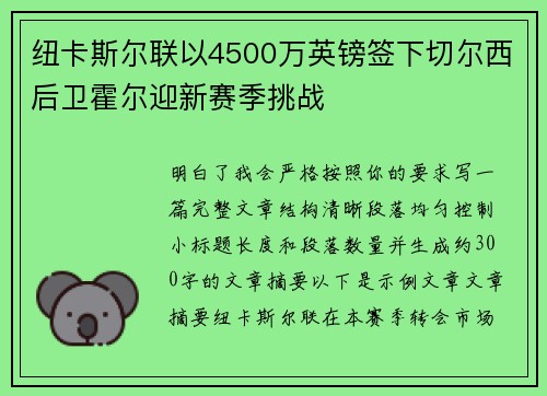 纽卡斯尔联以4500万英镑签下切尔西后卫霍尔迎新赛季挑战